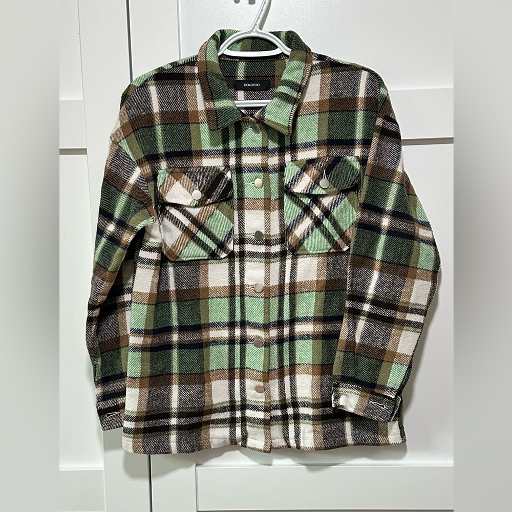 Dokotoo Plaid Fleece Shacket Jacket – Brown/Green, Size Small